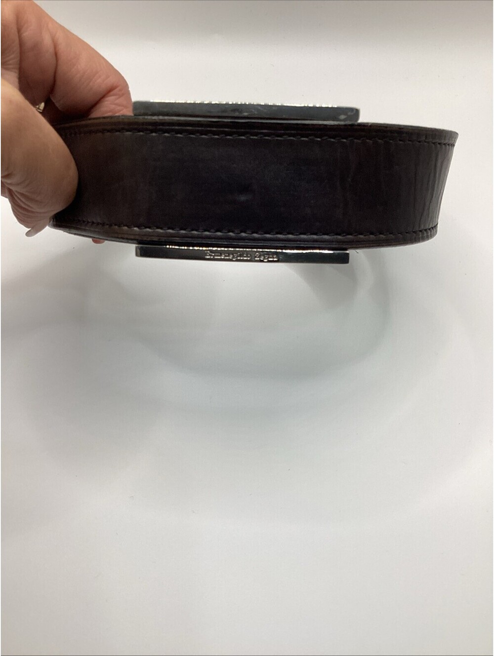 Ermenegildo Zegna Mens Black Leather Belt Silver Plaque Buckle Size 34/90 Italy